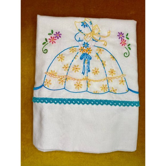 VINTAGE EMBROIDERED PILLOWCASE - King - KMart - 40" x 20" - Yellow - Turquoise - Picture 1 of 7